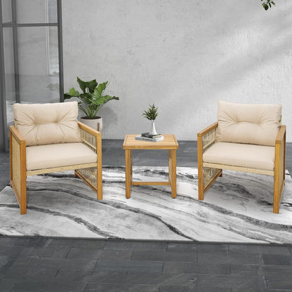 3 Pieces Acacia Wood Patio Furniture Set, PE Wicker Bistro Set with Cushioned Chairs and Coffee Table, Outdoor Conversation Set for Porch, Deck, Balcony, Backyard (Beige)-2
