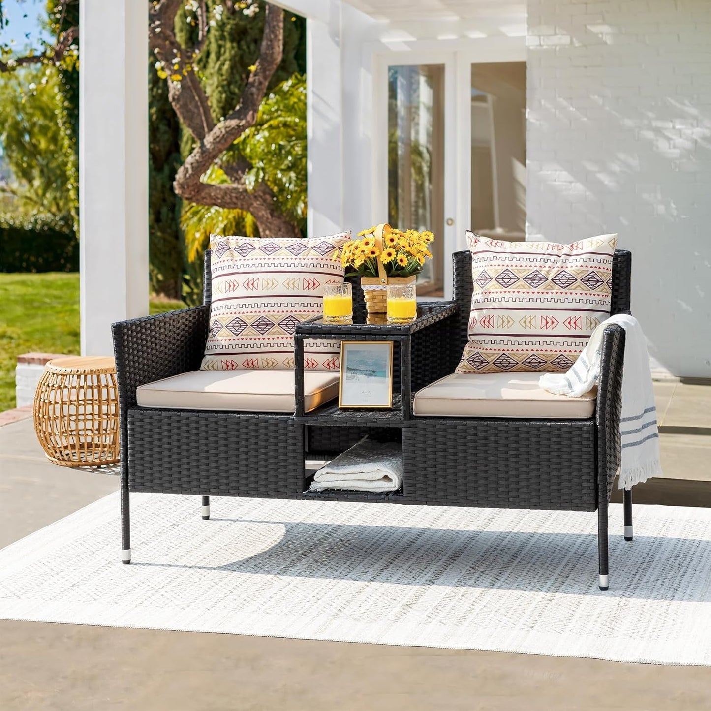 Outdoor Patio Loveseat Modern Rattan 2-Seat Patio Conversation Set with Cushions & Built-In Coffee Table Porch Furniture for Garden Lawn Backyard (Beige)-1