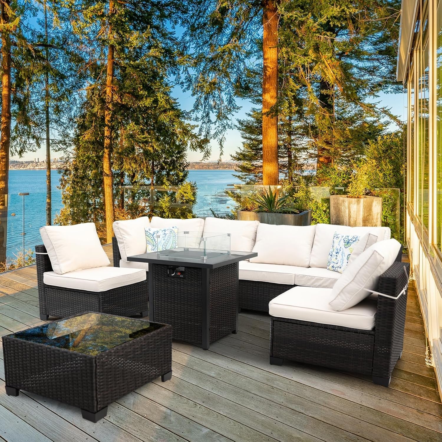 8 Piece Wicker Patio Furniture Set with Fire Pit-1