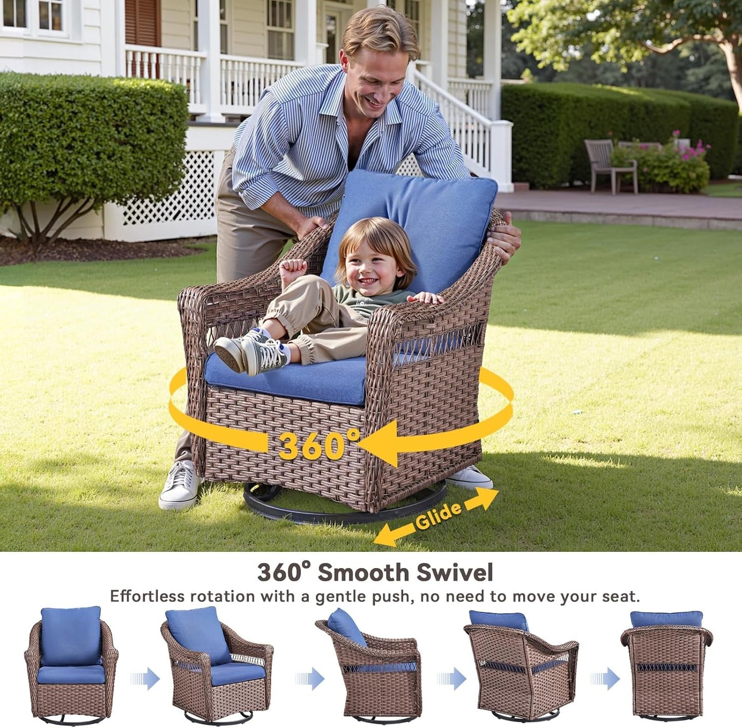 Patio Furniture Set, 5 Pieces Outdoor Conversation Set, All Weather Wicker Patio Furniture W/ Swivel Glider Rocking Chair, Ottoman, 3-Seat Couch & Comfy Cushions for Backyard, Deck, Poolside, Porch