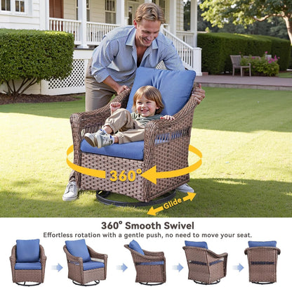 Patio Furniture Set, 5 Pieces Outdoor Conversation Set, All Weather Wicker Patio Furniture W/ Swivel Glider Rocking Chair, Ottoman, 3-Seat Couch & Comfy Cushions for Backyard, Deck, Poolside, Porch