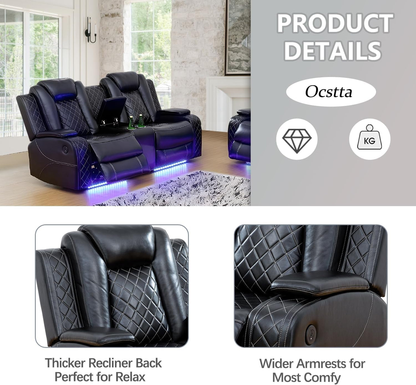Power Leather Recliner Sofa Set with LED Lights,Living Room Furniture Set, Breathing Leather Sofa Couch with USB Port/Storage Console/Cup Holders (3 Pieces Reclining Sofa Set, Black)