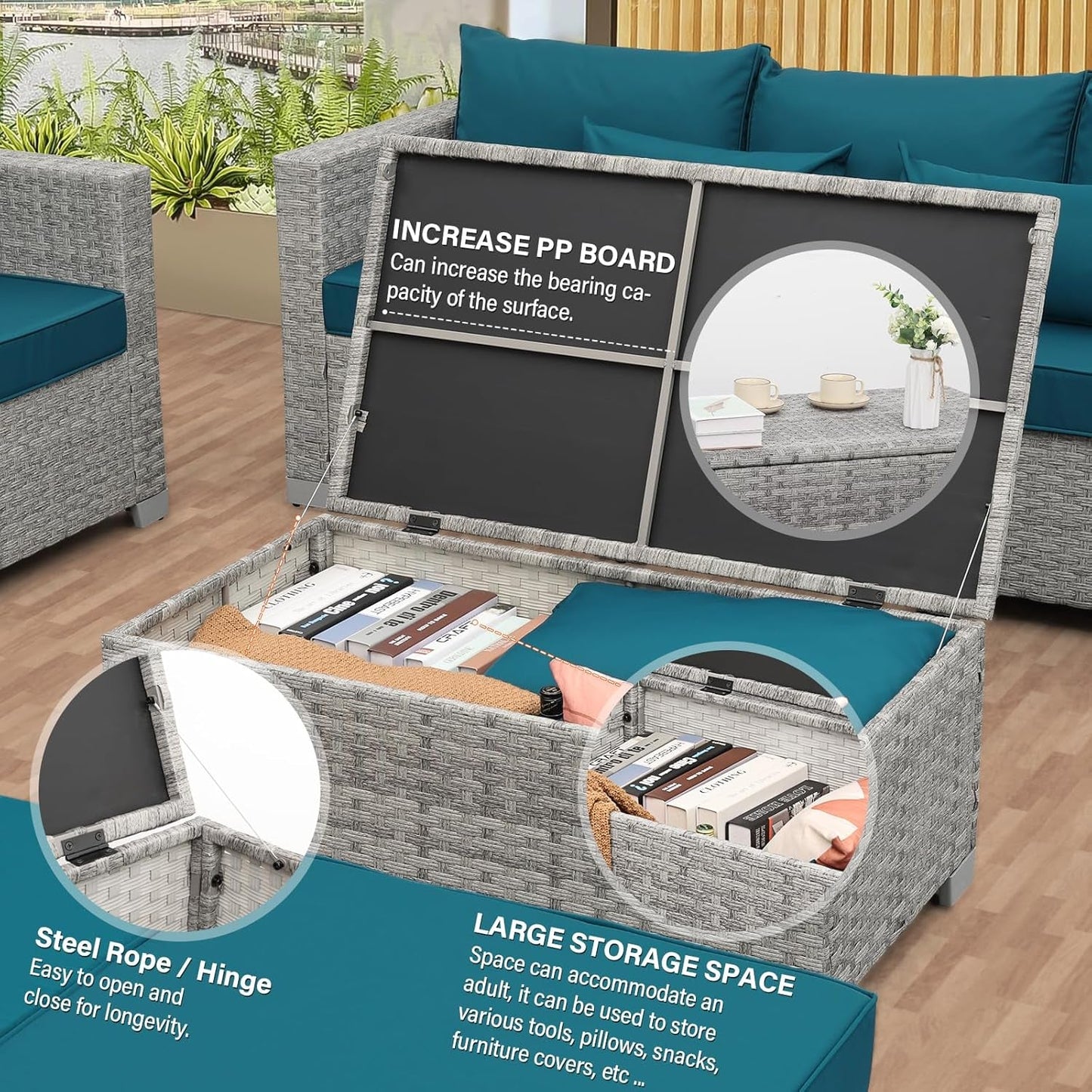 Patio Furniture Set 6 Piece Outdoor Patio Set Grey Wicker Balcony Furniture Conversation Sets PE Rattan Couch Sofa with Coffee Table, Peacock Blue Cushion-4