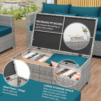 Patio Furniture Set 6 Piece Outdoor Patio Set Grey Wicker Balcony Furniture Conversation Sets PE Rattan Couch Sofa with Coffee Table, Peacock Blue Cushion-4