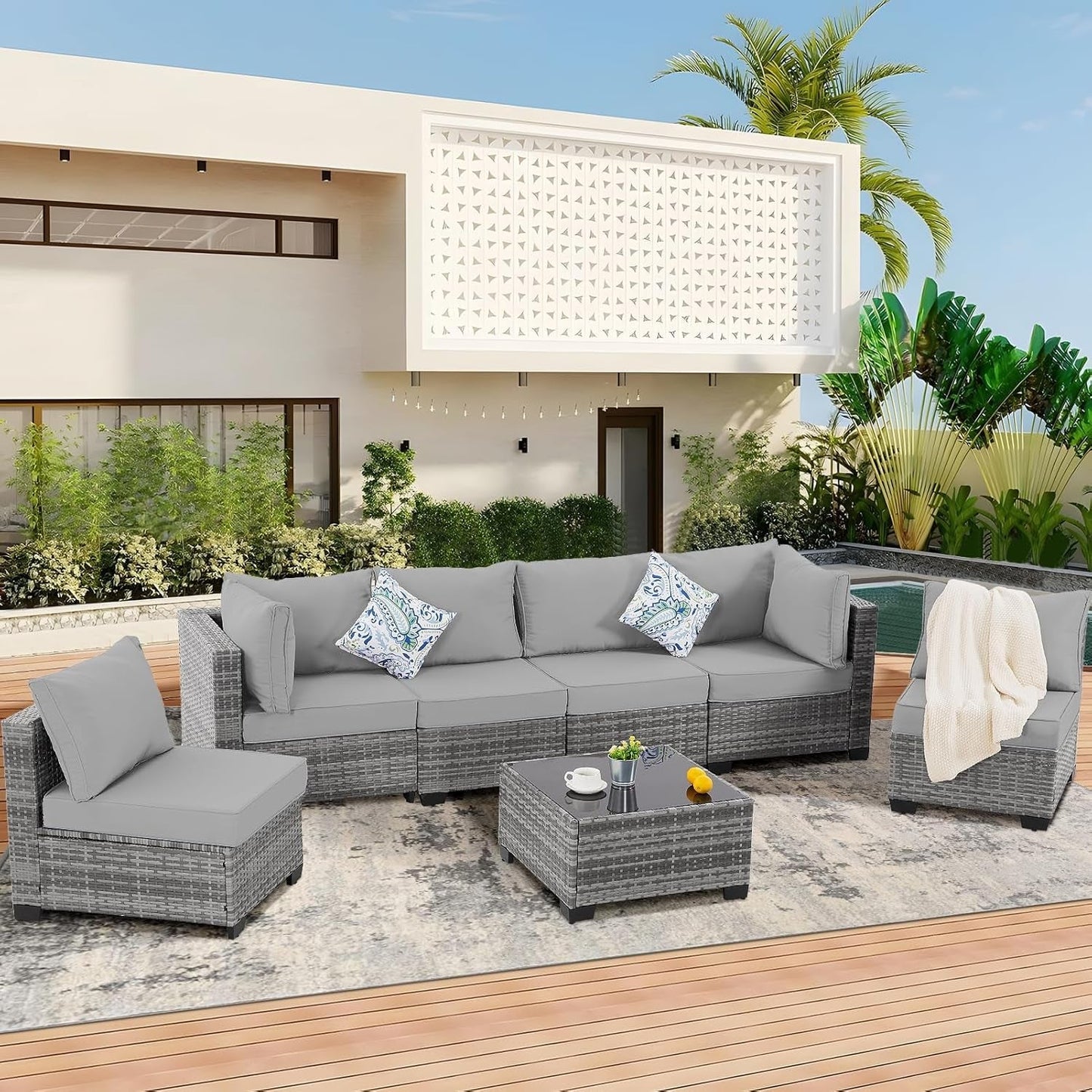 7 Pieces Outdoor Patio Furniture Set, Wicker Sectional Sofa Set Rattan Modular Patio Conversation Sets with Cushions Couch Set & Coffee Table for Outside, Garden, Balcony, Porch, Grey-0
