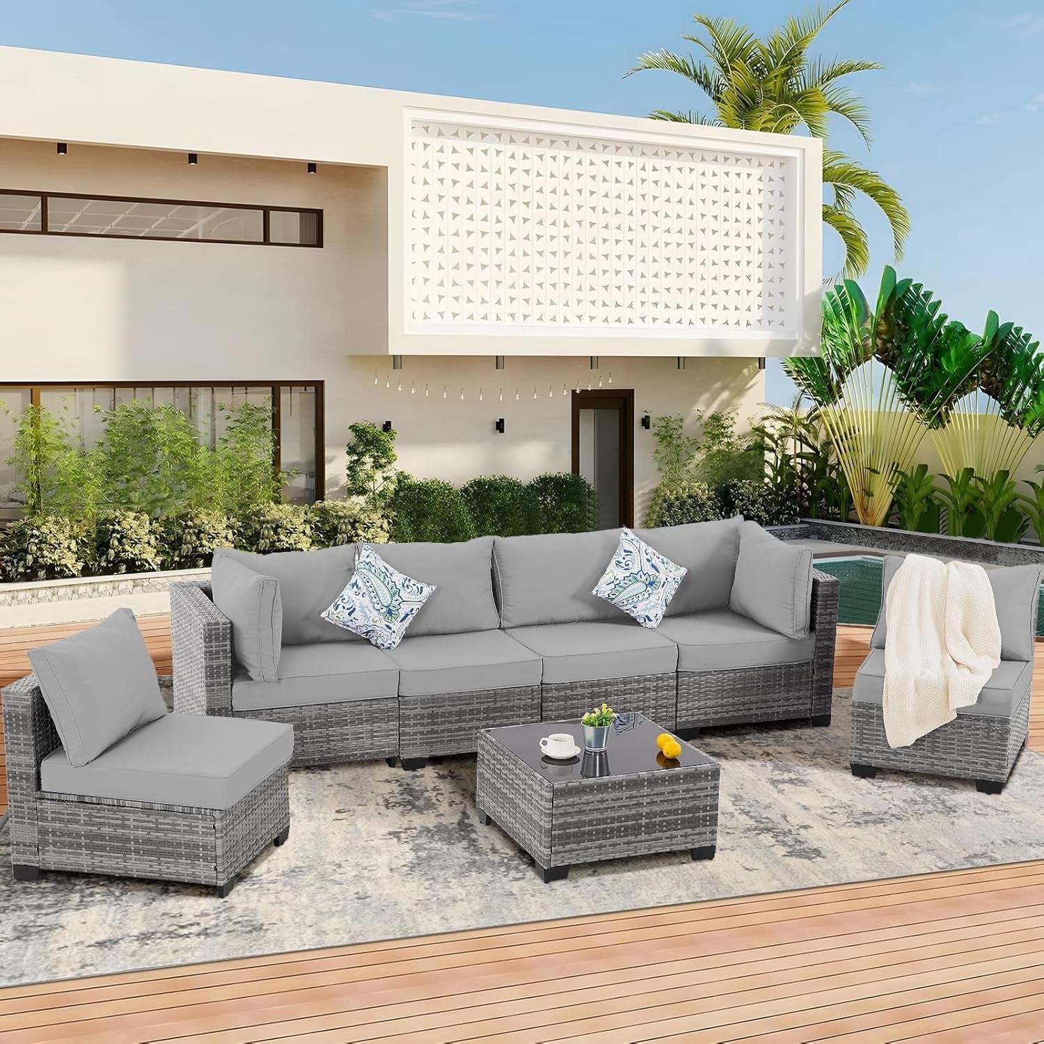 7 Pieces Outdoor Patio Furniture Set, Wicker Sectional Sofa Set Rattan Modular Patio Conversation Sets with Cushions Couch Set & Coffee Table for Outside, Garden, Balcony, Porch, Grey-0