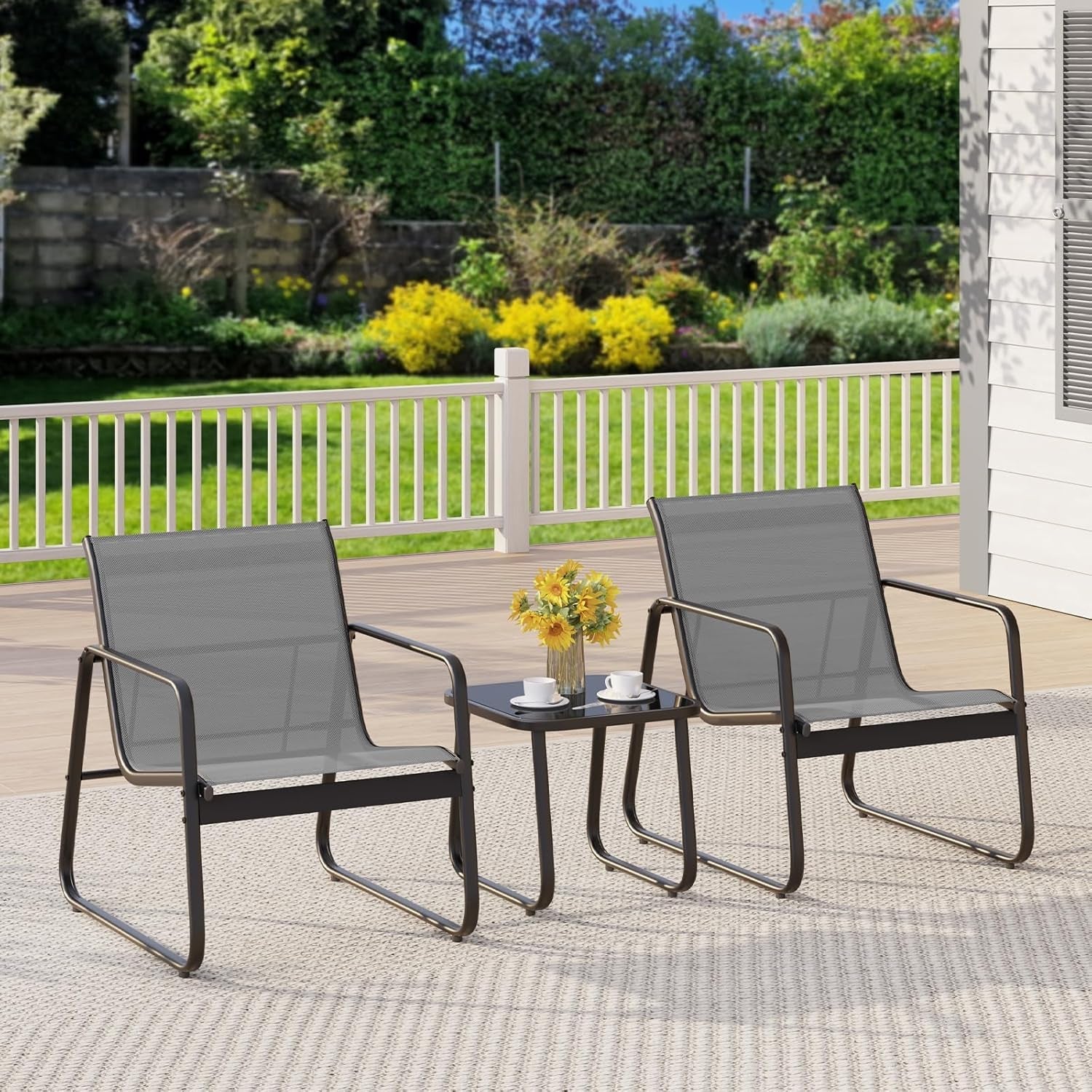Patio Chairs Set of 2, 3 Piece Patio Furniture Set, Bistro Sets,With Textilene Fabric, Metal Frame Coffee Table, Outdoor Chairs Set, for Balcony, Backyard,Lawn, Garden, Poolside, Grey-0
