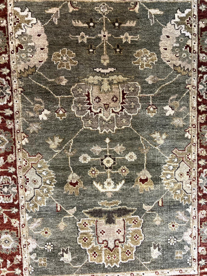 Indo Oushak Rug 4x6, Green and Maroon, Vintage Wool Floral Rug, Indian Agra Rug