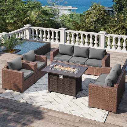 Patio Furniture Set with Fire Pit Table, 5 Pieces Outdoor Furniture Sets, Wicker Patio Conversation Sets W/Waterproof Covers for Backyard, Porch, Balcony, Poolside(Grey)-0