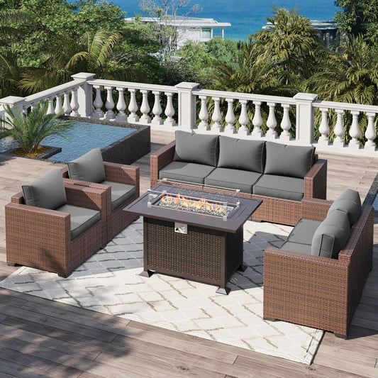 Patio Furniture Set with Fire Pit Table, 5 Pieces Outdoor Furniture Sets, Wicker Patio Conversation Sets W/Waterproof Covers for Backyard, Porch, Balcony, Poolside(Grey)-0