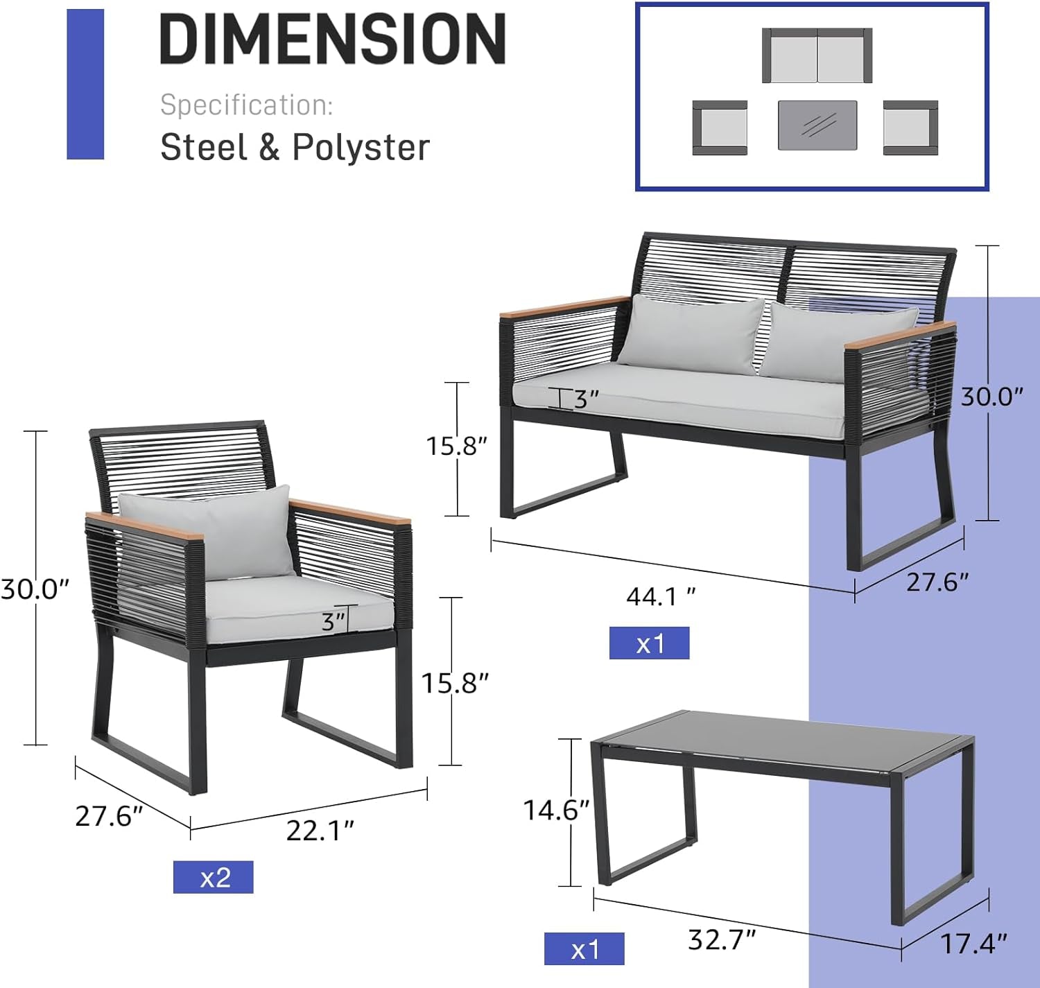 4 Piece Patio Furniture Set, Outdoor Wicker Bistro Set, All-Weather Black PE Rattan Conversation Set W/Coffee Table, Loveseat, Wood-Like Armrest, Cushions for Garden Balcony Deck, Light Grey-2