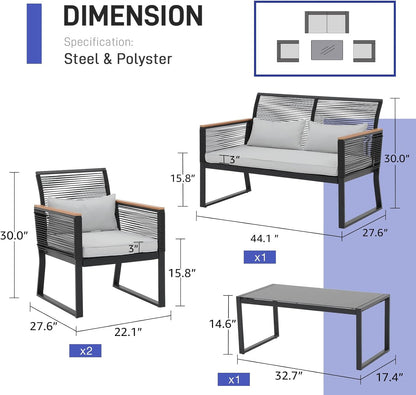 4 Piece Patio Furniture Set, Outdoor Wicker Bistro Set, All-Weather Black PE Rattan Conversation Set W/Coffee Table, Loveseat, Wood-Like Armrest, Cushions for Garden Balcony Deck, Light Grey-2