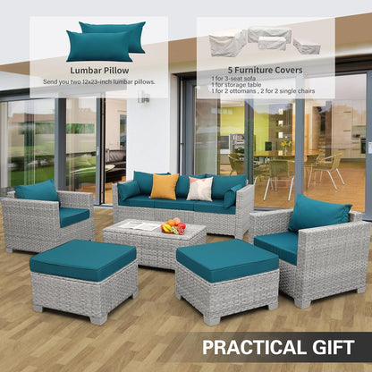 Patio Furniture Set 6 Piece Outdoor Patio Set Grey Wicker Balcony Furniture Conversation Sets PE Rattan Couch Sofa with Coffee Table, Peacock Blue Cushion-2