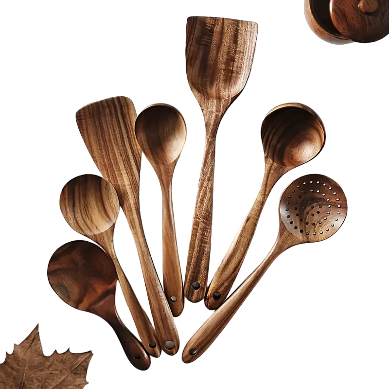 7-Piece Natural Teak Wooden Spoons for Cooking Set-0