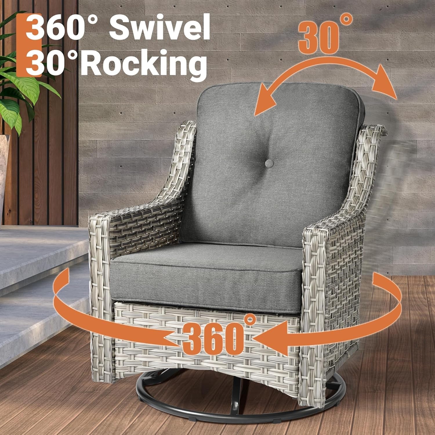 5 Piece Outdoor Patio Furniture with 3 Seat Sofa,Rattan Wicker Coversation Set with Swivel Rocking Chair,Balcony Sofa Set with Shiny Table for outside Porch Backyard Pool,Dark Grey-4