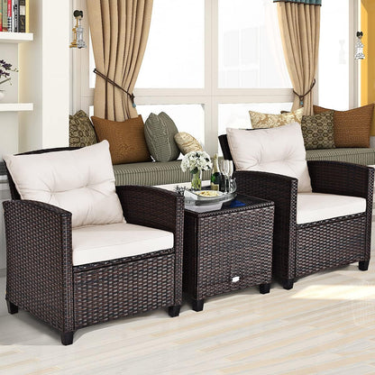3 Pieces Patio Furniture Set, PE Rattan Wicker 3 Pcs Outdoor Sofa Set W/Washable Cushion and Tempered Glass Tabletop, Conversation Furniture for Garden Poolside Balcony (White)-2