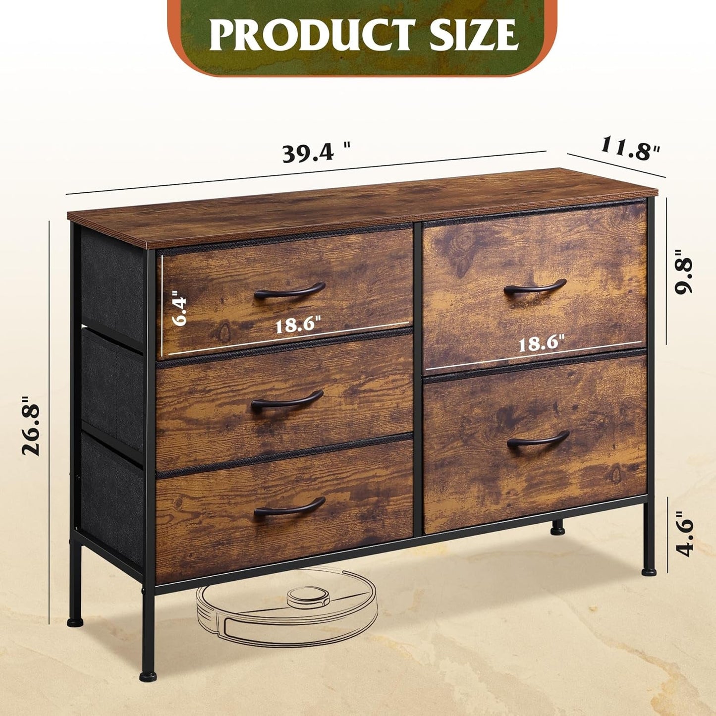 Dresser for Bedroom with 5 Drawers, Wide Bedroom Dresser with Drawer Organizers, Chest of Drawers, Fabric Dresser for Living Room, Closet, Hallway, Rustic Brown Wood Grain Print-2