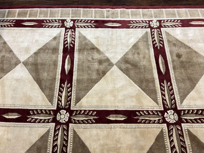 Indo Tibetan Rug 10x14, Nepali Carpet, Large Soft Wool Area Rug, Olive Tan Maroon, Contemporary Rug 10 x 14 ft Living Room Rug, Handmade Rug