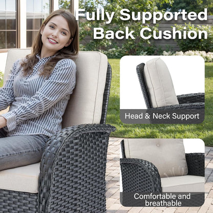 3 Pieces Black Wicker Patio Furniture Outdoor Swivel Rocker Patio Glider Chairs Set of 2 with Side Table Beige Cushion-3