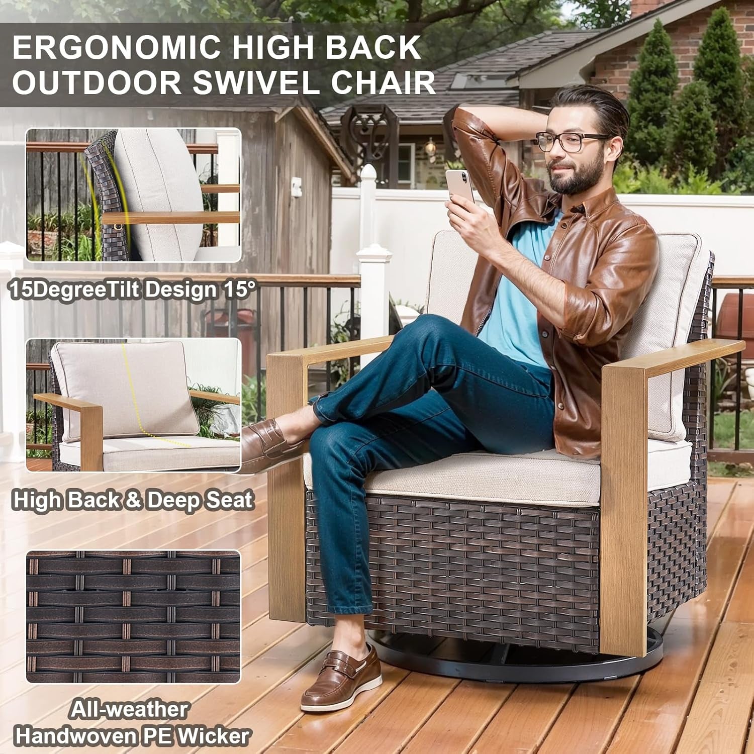 Full 4 Pieces Patio Furniture Set with 41” Propane Fire Pit Table, Outdoor Conversation Set with Swivel Glider Outdoor Chair Set of 2 and Rattan Sofa for Deck Backyard-4