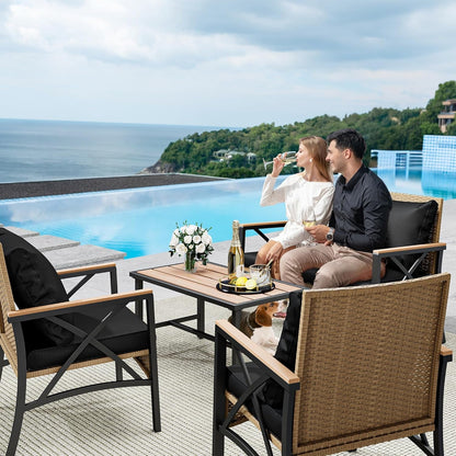 4-Piece Patio Wicker Furniture Set with Wood Armrest, All Weather Rattan Conversation Furniture Sets for Backyard, Balcony, Deck W/Soft Cushions and Plastic Wood Table (Light Brown+Black)-2