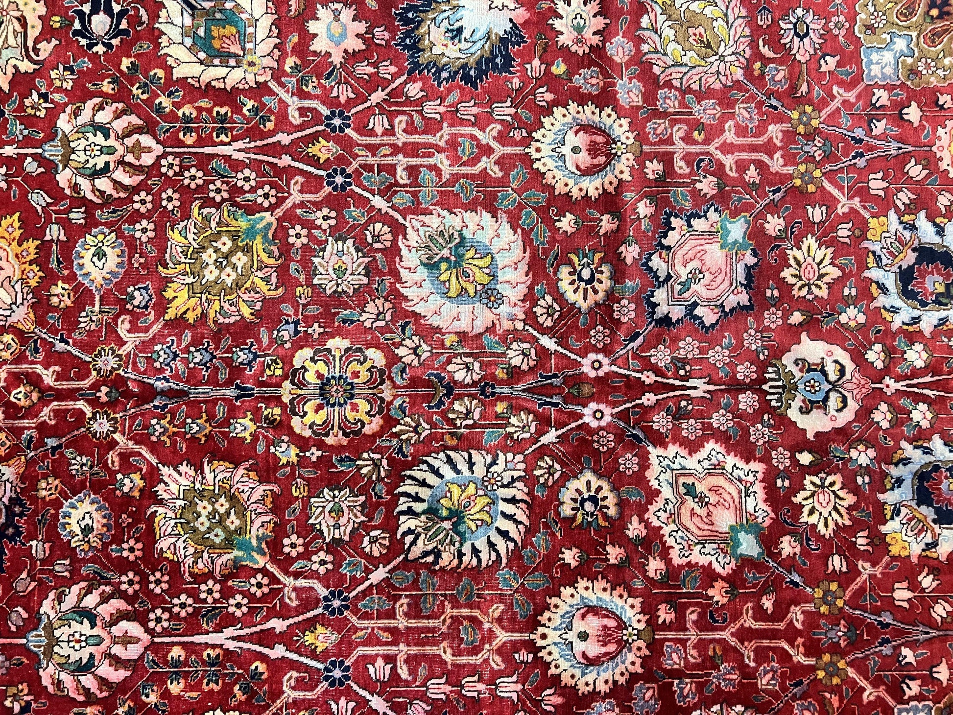 Persian Tabriz Rug 10x12, Floral Allover, Handmade Vintage Wool Carpet, Red and Cream-3