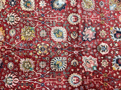 Persian Tabriz Rug 10x12, Floral Allover, Handmade Vintage Wool Carpet, Red and Cream-3