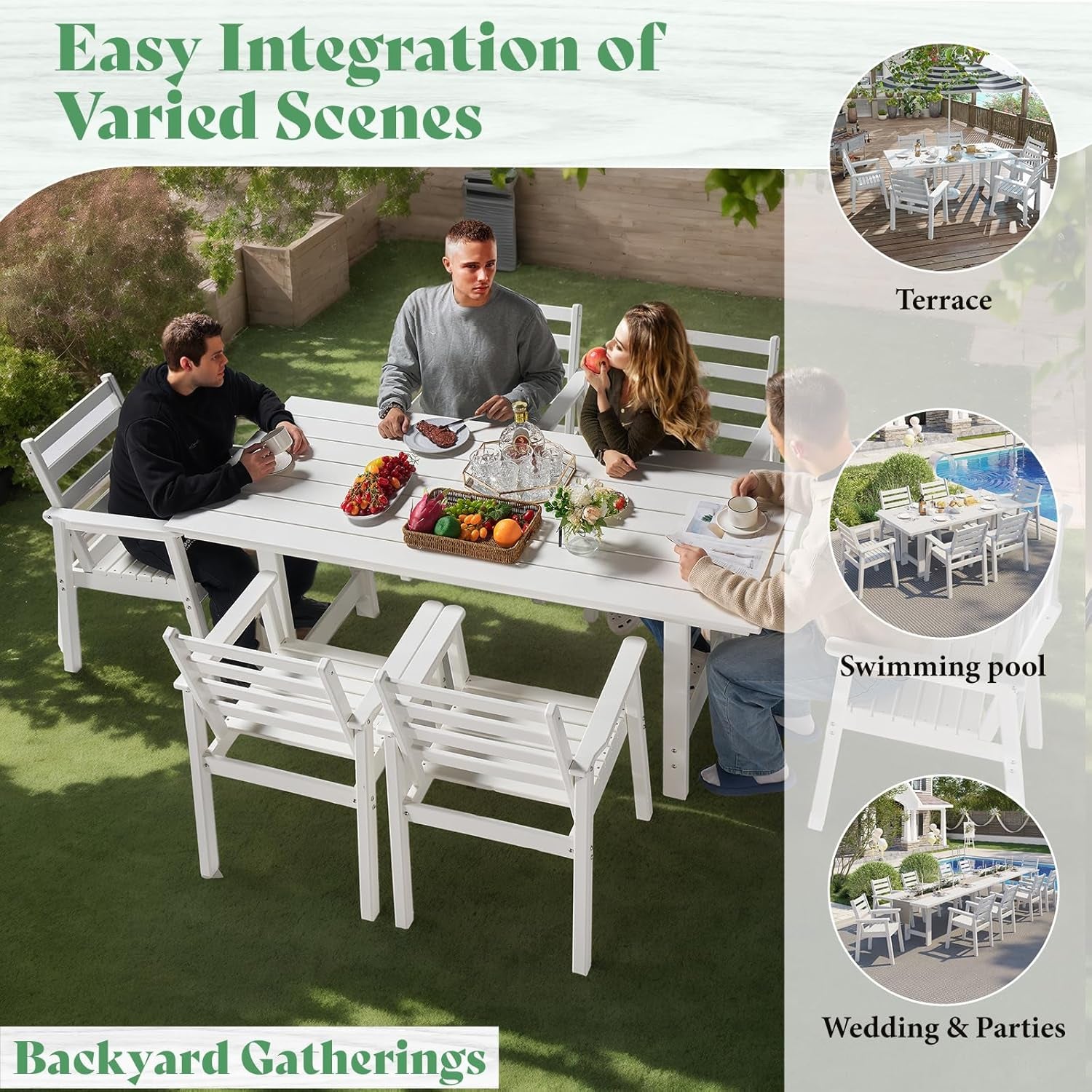 7-Piece HDPE Outdoor Dining Table Set with 6 Chairs, 71" L Patio Dining Furniture Set with Umbrella Hole, Modern Dinner Table & Chairs Set for Garden, Backyard, Poolside, White-2