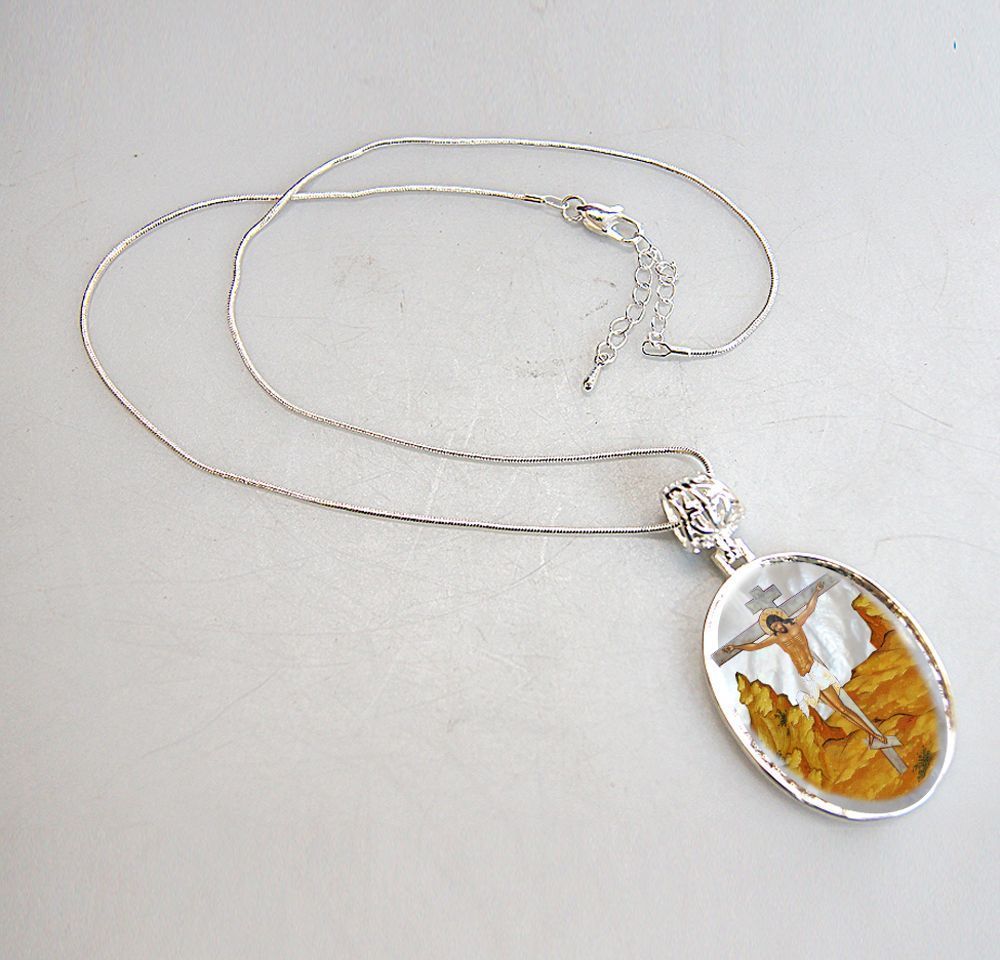 Crucifixion Silver Plated Mother of Pearl Jewelry Necklace - 43058-1