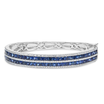 18K White Gold Alternating Diamond and 8.00 Cttw Princess Cut Blue Sapphire Multi Row Bangle Bracelet (G-H Color, VS1-VS2 Clarity) - 7" Inches-0