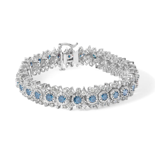 14K White Gold 10.0 Cttw Blue and White Diamond Vintage-Inspired Floral Cluster Link 7" Bracelet (H-I Color, SI2-I1-0