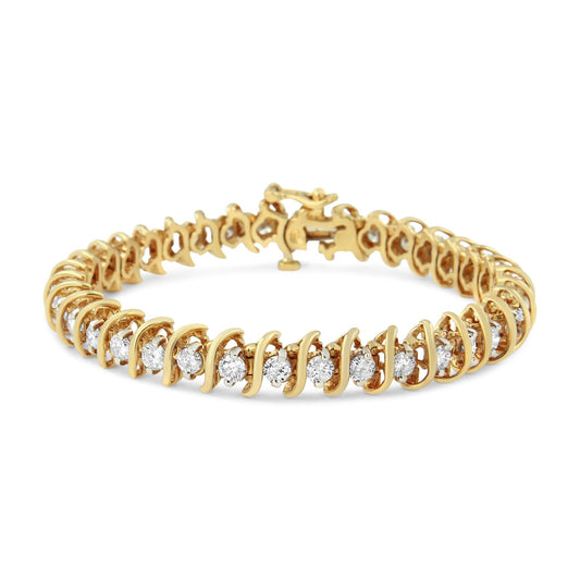 AGS Certified 18K Yellow Gold 5.00 Cttw "S" Link Wrapped 2-Prong Set Round Brilliant Diamond Tennis Bracelet (G-H Color, I1-I2 Clarity) - Size 7-0