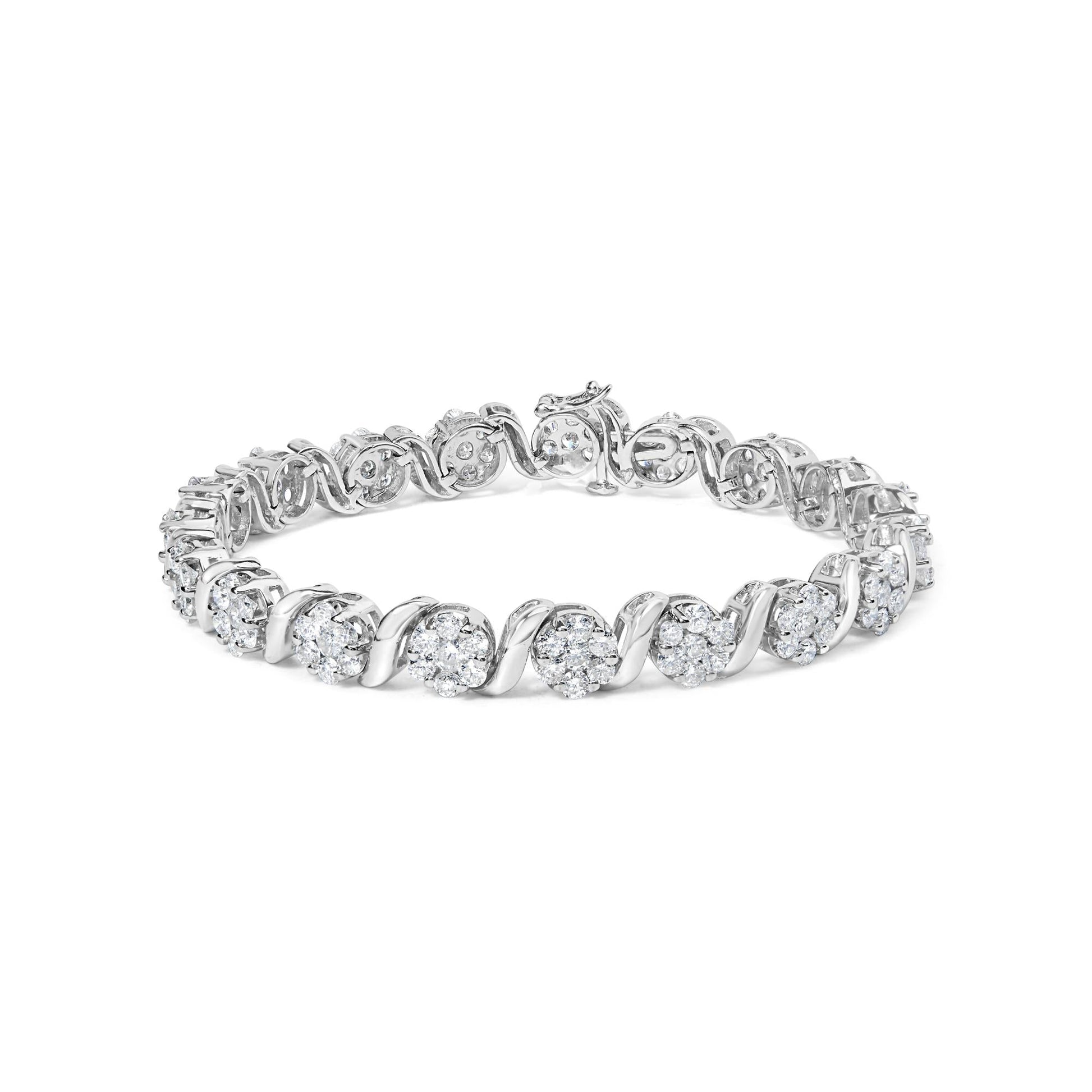 14K White Gold 7 3/8 Cttw Round Brilliant Diamond Floral Cluster and S Link Bracelet (H-I Color, SI2-I1 Clarity) - 7" Inches-0