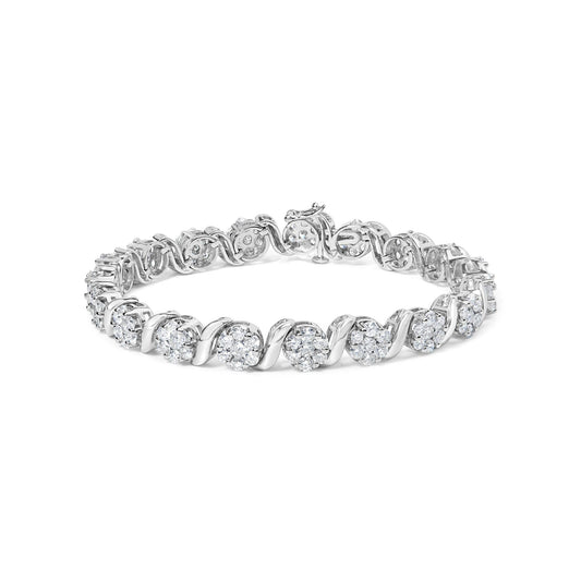14K White Gold 7 3/8 Cttw Round Brilliant Diamond Floral Cluster and S Link Bracelet (H-I Color, SI2-I1 Clarity) - 7" Inches-0