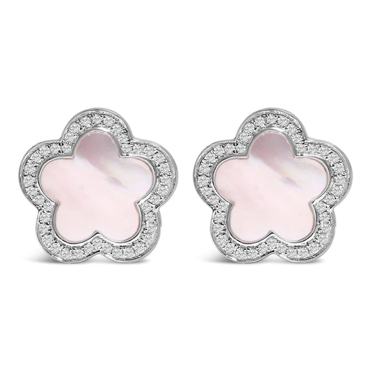 14K White Gold Mother of Pearl and 1/5 Cttw Diamond Halo Star Stud Earrings-0