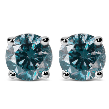 14K Gold Round Brilliant Cut Lab Grown Blue Diamond 4-Prong Classic Solitaire Stud Earrings with Pushbacks-2
