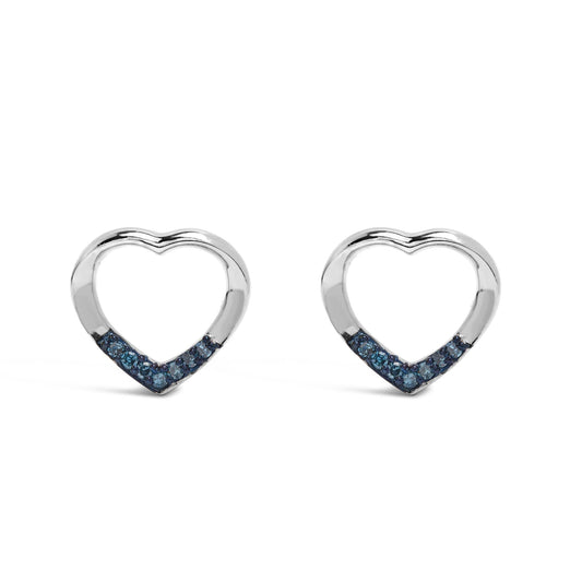 .925 Sterling Silver Blue Diamond Accent Open Heart Stud Earrings (Blue Color, SI1-SI2 Clarity)-0