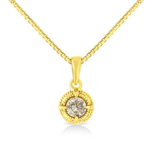 14K Yellow Gold Plated .925 Sterling Silver Brilliant Round Cut Diamond Solitaire Milgrain 18" Pendant Necklace-0