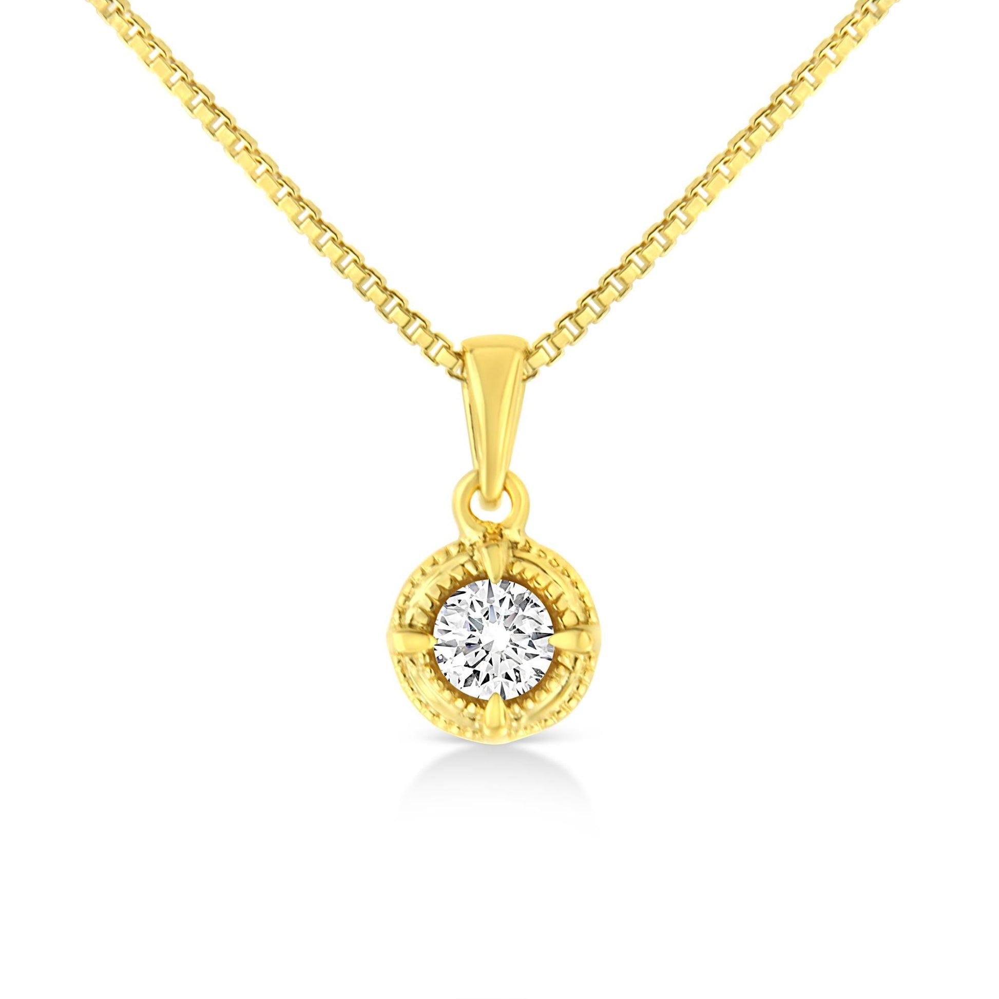 14K Yellow Gold Plated .925 Sterling Silver Brilliant Round Cut Diamond Solitaire Milgrain 18" Pendant Necklace-1