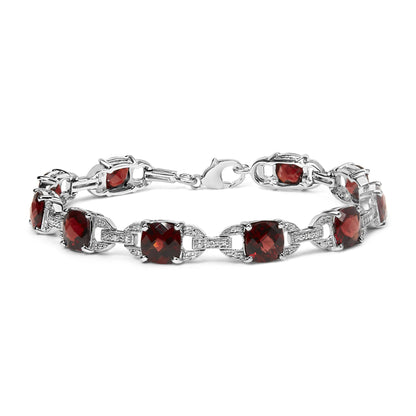 .925 Sterling Silver 7x7mm Checkered Cushion Red Garnet and Diamond Accent Fashion Tennis Link Bracelet (I-J Color, I1-I2 Clarity) - Size 7" Inch-0