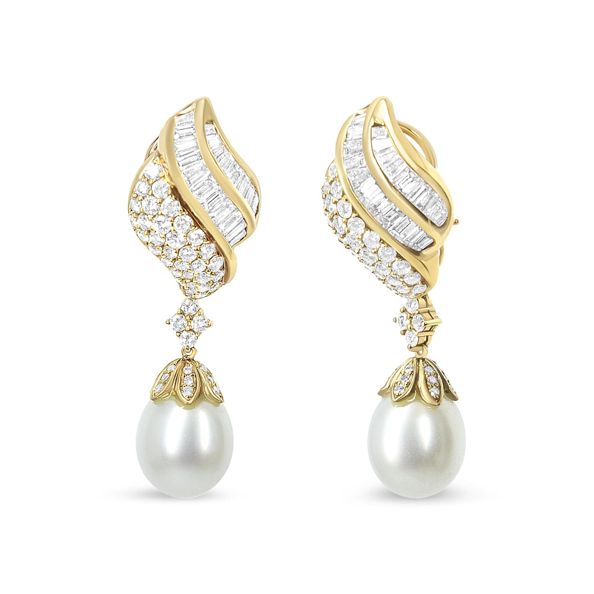 18k Yellow Gold 7.0 Cttw Baguette and Round Diamond South Sea Pearl Drop Dangle Clip-On Earrings (F-G Color, VS1-VS2 Clarity)-0
