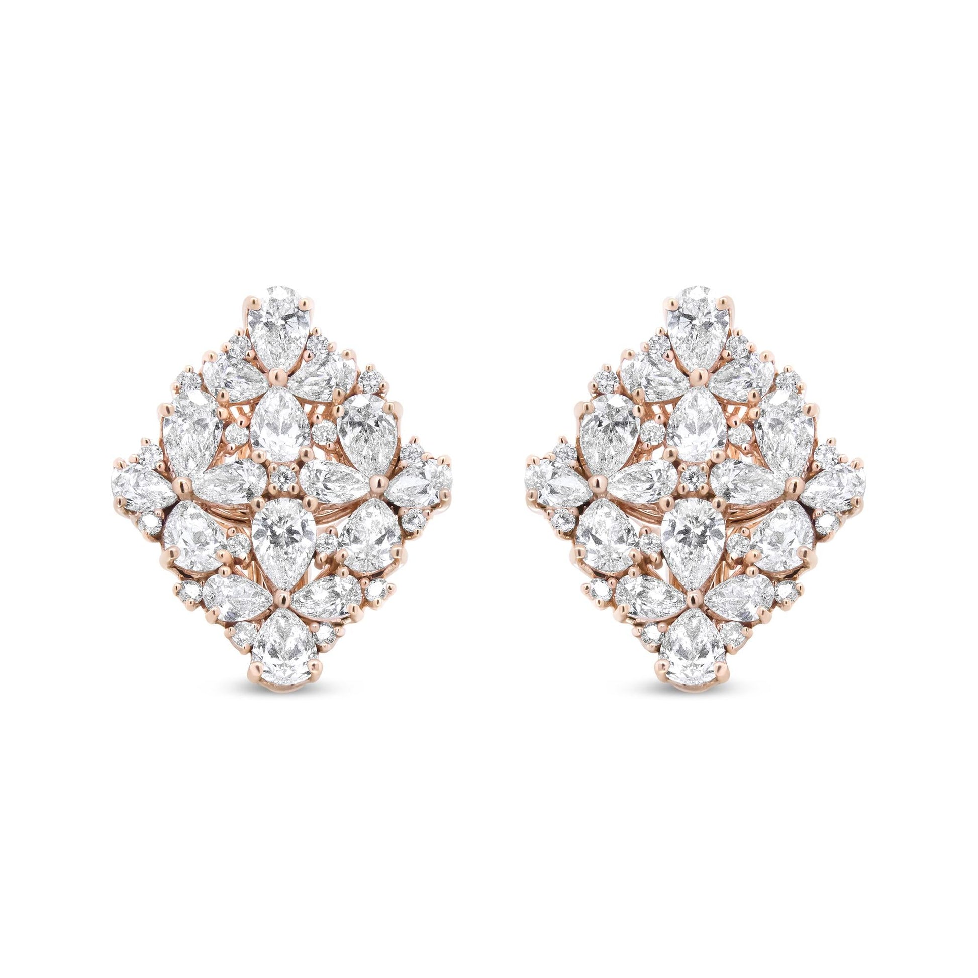 18K Rose Gold 8 1/3 Cttw Pear and Round Diamond Floral Cluster Omega Earrings (F-G Color, VS1-VS2 Clarity)-0