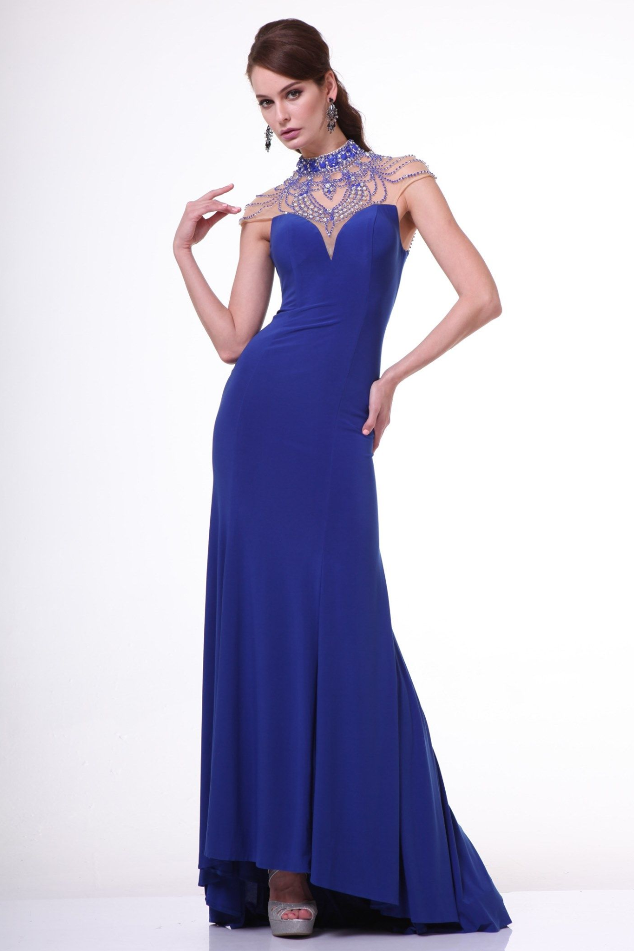 Fitted Beaded High Neck Cap Sleeves Fitted Gown-0