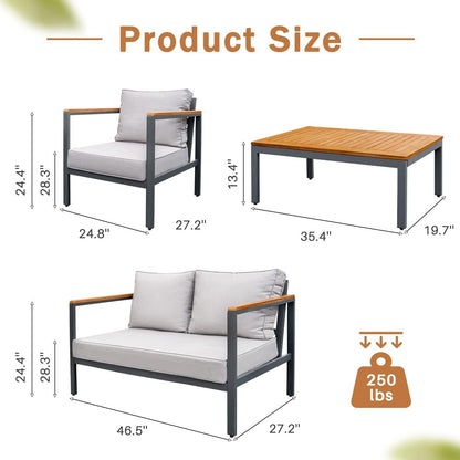 Patio Furniture 4 Pieces, Outdoor Conversation Set with Acacia and Metal Coffee Table, Loveseat and 2 Single Chairs, for Yard, Garden, Porch, Beige