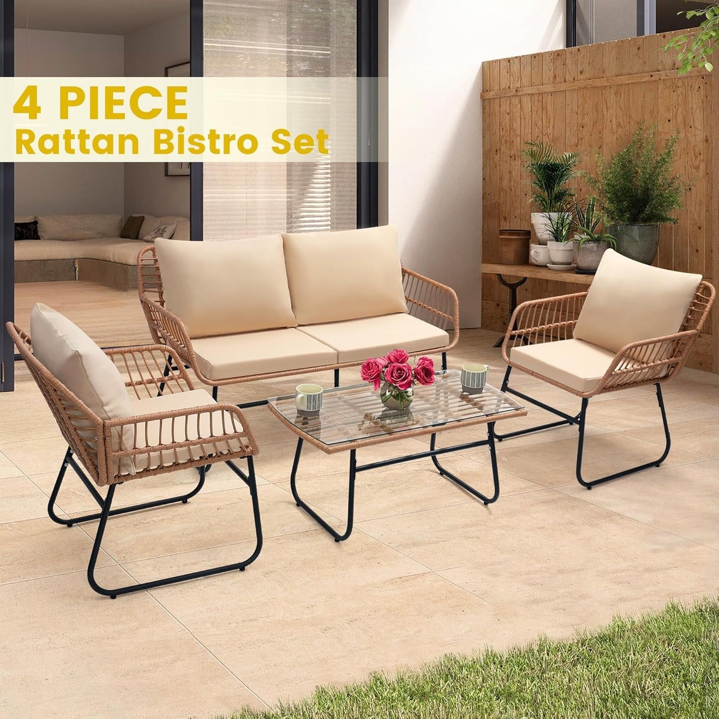Four Piece Outdoor Wicker Sofa Rattan Chairs Set