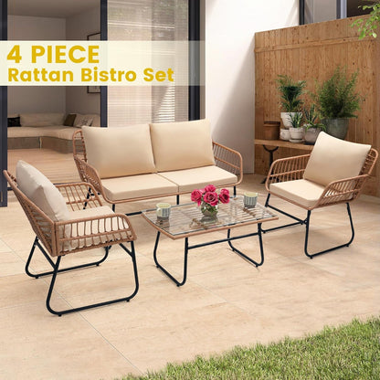 Four Piece Outdoor Wicker Sofa Rattan Chairs Set
