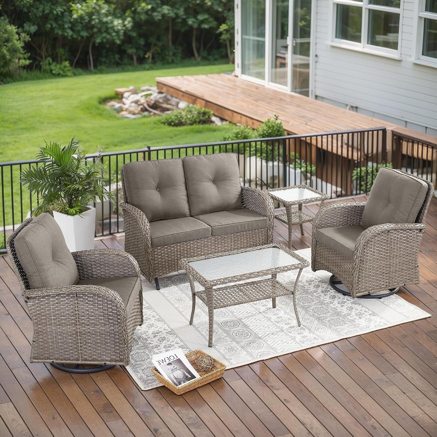 5 Piece Outdoor Patio Furniture Set with Deep Seating Swivel Rocker Chairs Loveseat and Rattan Coffee Table Outdoor Conversation Sets for Deck Backyard Poolside,Gray Wicker Gray Cushion-0