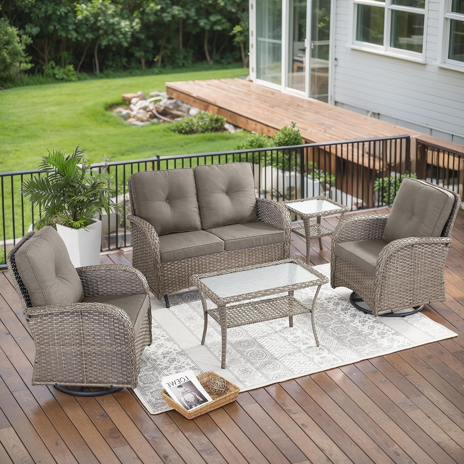 5 Piece Outdoor Patio Furniture Set with Deep Seating Swivel Rocker Chairs Loveseat and Rattan Coffee Table Outdoor Conversation Sets for Deck Backyard Poolside,Gray Wicker Gray Cushion-0