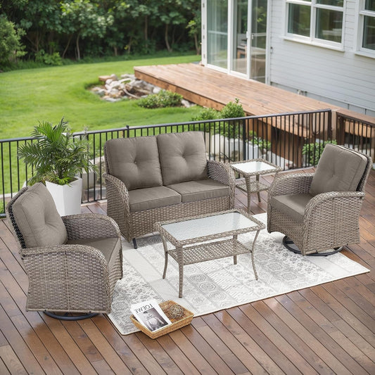 5 Piece Outdoor Patio Furniture Set with Deep Seating Swivel Rocker Chairs Loveseat and Rattan Coffee Table Outdoor Conversation Sets for Deck Backyard Poolside,Gray Wicker Gray Cushion-0