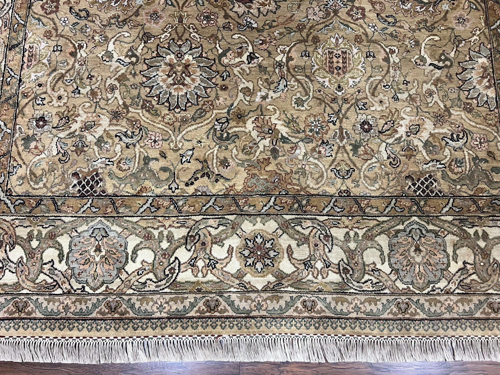 Indo Mahal Rug 8x10, Indian Jaipur Rug 8 x 10 ft, Wool Indo Persian Carpet, Handmade Traditional Floral Area Rug, Olive Green, Vintage Rug-4